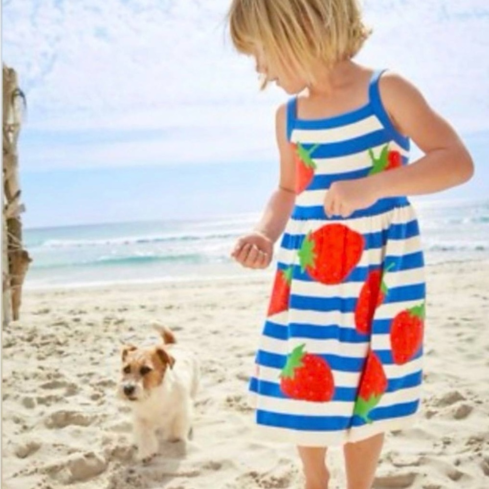 Mini Boden Blue & White Striped Dress with Red Strawberry Print (size:6-7y)